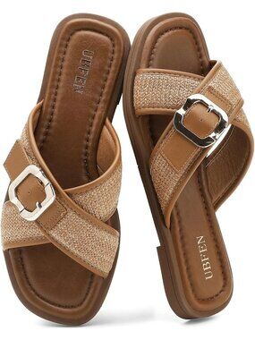 Women's Tan Square Toe Flat Sandals Slides Dressy Comfortable for Casual